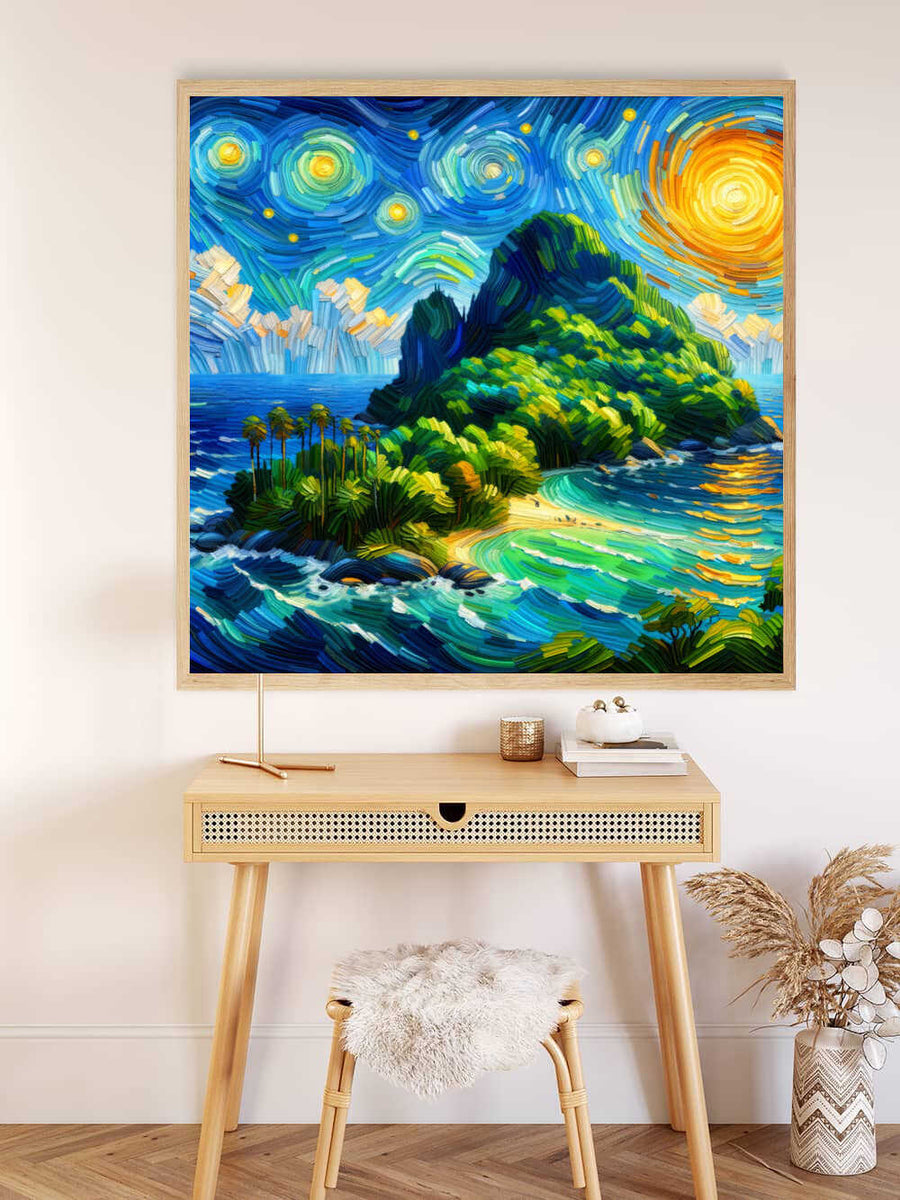 Malen nach Zahlen Kunstwerk "Sternennacht über dem Paradies" mit tropischer Insel, Sternenhimmel und leuchtendem Meer in einem modernen Wohnzimmer