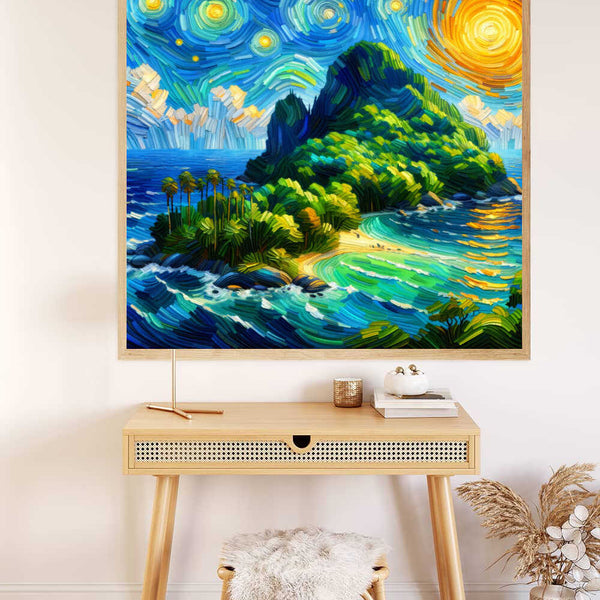 Malen nach Zahlen Kunstwerk "Sternennacht über dem Paradies" mit tropischer Insel, Sternenhimmel und leuchtendem Meer in einem modernen Wohnzimmer