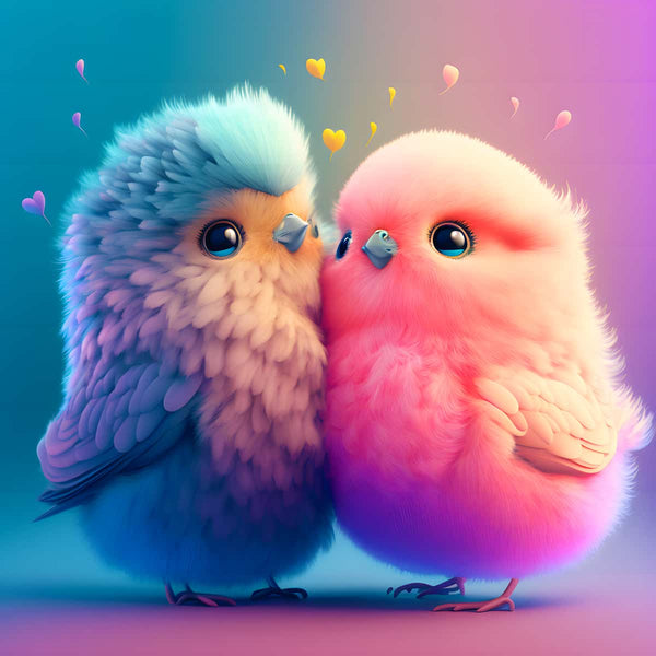 Two adorable fluffy birds in pastel colors with hearts floating above, representing the AB Diamond Painting "Vogelliebe zu zweit".