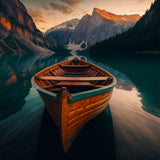 Wooden boat floating on a serene lake surrounded by majestic mountains at sunset in a picturesque mountain paradise.