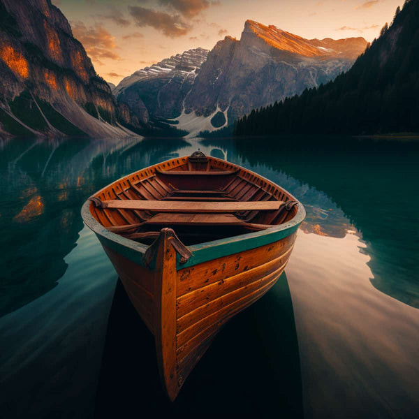 Wooden boat floating on a serene lake surrounded by majestic mountains at sunset in a picturesque mountain paradise.