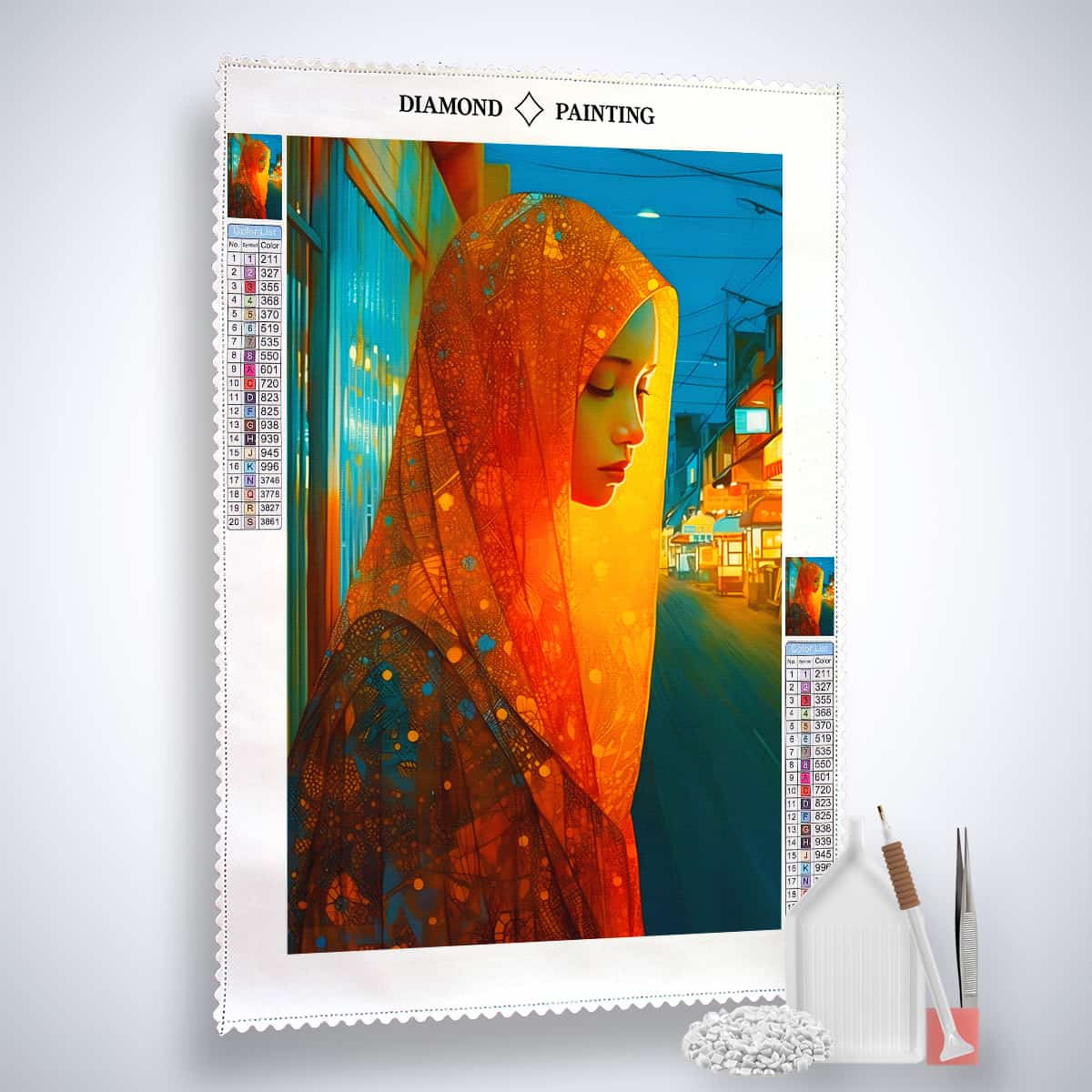 AB Diamond Painting Kit - Frau in Orange, kunstvolle Profi-Leinwand mit veredelten Acryl Diamonds, feine Künstler-Pinzette und Profi Setzstift.