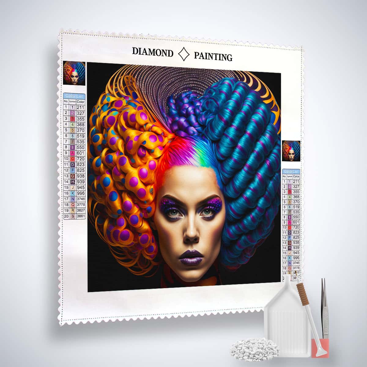Diamond Painting Kit with Rot Blaue Frisur Design Featuring Vibrant Colors and Tools Included