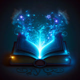 Diamond Painting - Wundersames Buch, showing an enchanted book glowing with magical blue light and sparkling stars.
