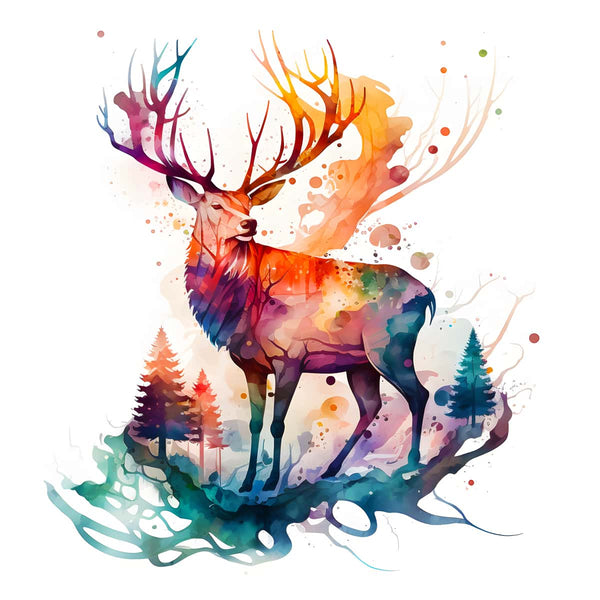 Buntes Diamond Painting Kit mit Hirsch auf weißem Hintergrund, inklusive Profi-Leinwand und veredelten Acryl Diamonds.