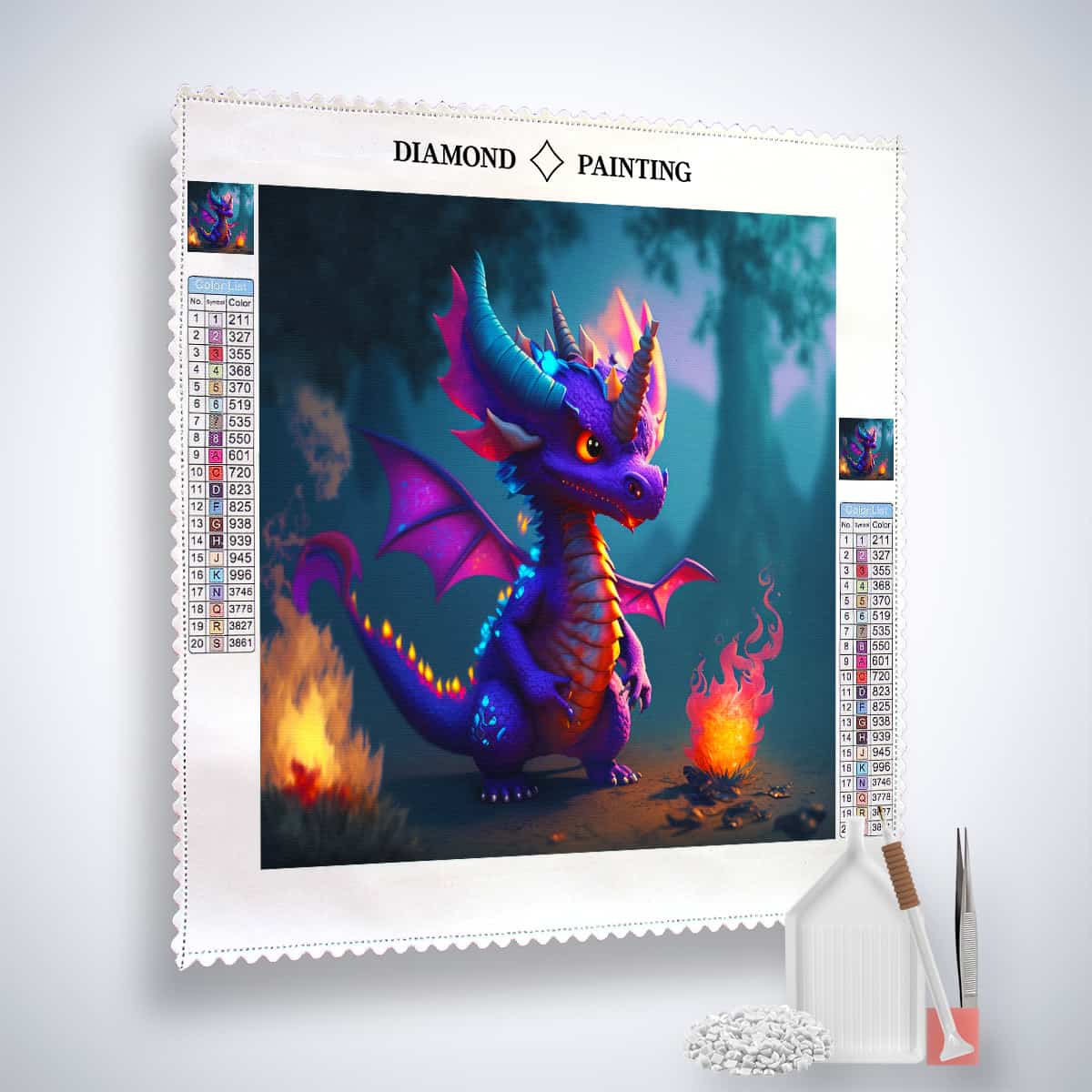 Diamond Painting Kits Drachenauge with acrylic diamonds, tools, and a colorful dragon motif on a professional canvas.