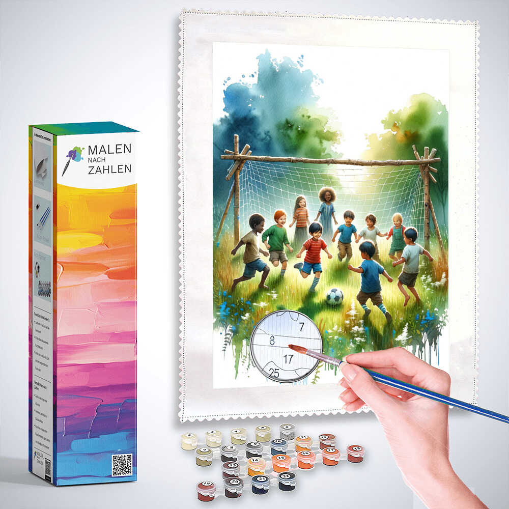 Paint by Numbers kit "Kinder des Sommers" showing kids playing soccer, includes paint pots, brushes, and an illustrated guide for relaxing art.