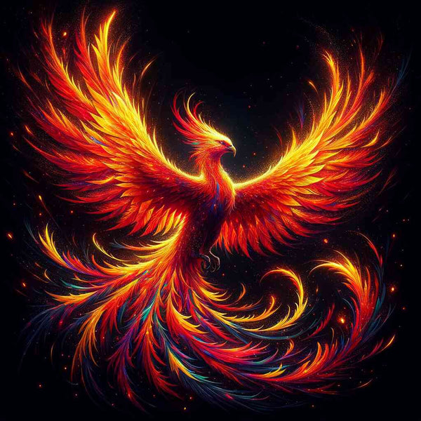 Malen nach Zahlen - Phönix in leuchtenden Rot- und Orangetönen, tanzende Flammenmeer und mythische Wiedergeburt, expressive Kunstwerk