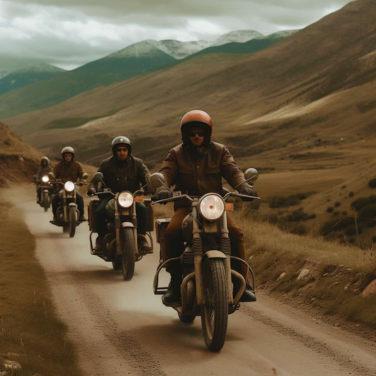Group of motorcyclists enjoying a scenic ride on mountain road surrounded by green hills and cloudy sky.