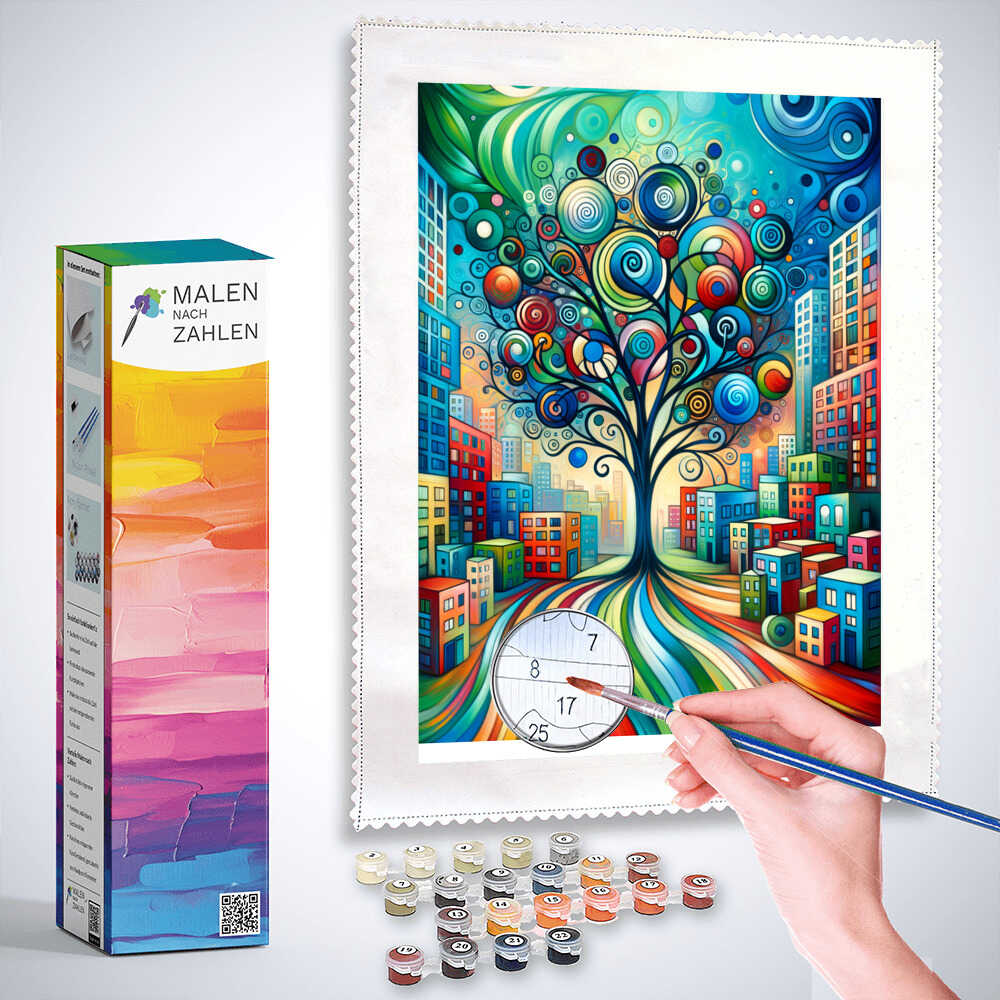 Malen nach Zahlen - Stadt um Baum abstrakt