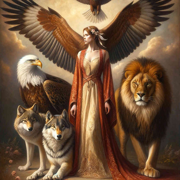 Malen nach Zahlen - Frau mit Tiger Wolf und Löwe