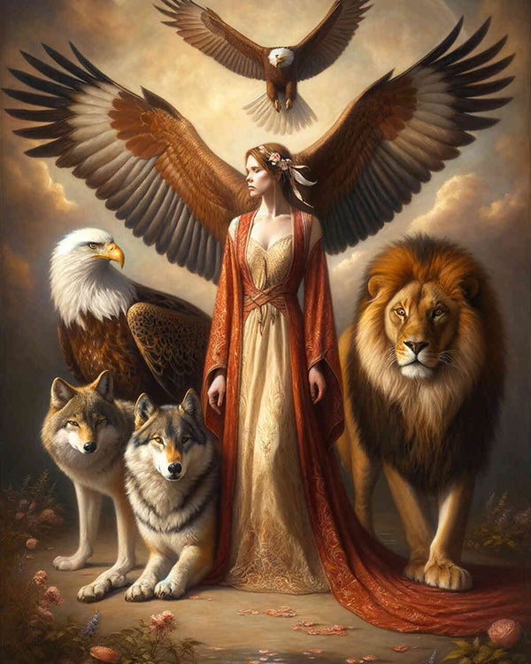 Malen nach Zahlen - Frau mit Tiger Wolf und Löwe