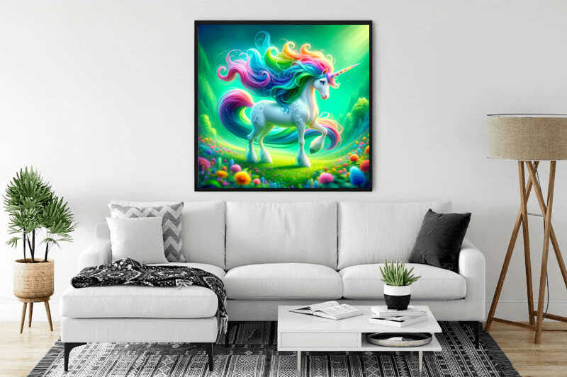 Malen nach Zahlen - Colorful Unicorn artwork displayed in a modern living room, showcasing a vibrant, magical unicorn painting.