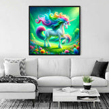 Malen nach Zahlen - Colorful Unicorn artwork displayed in a modern living room, showcasing a vibrant, magical unicorn painting.