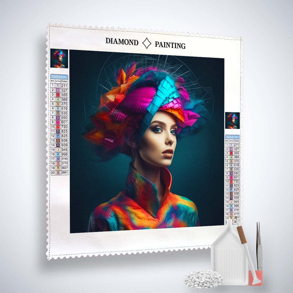 Diamond Painting Kit – Abstrakte Frisur in Schwarz, bunte und glitzernde Kunst auf Leinwand mit Zubehör wie Acryl-Diamanten und Künstlerwerkzeugen.