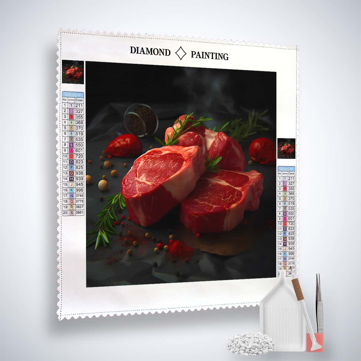 Diamond Painting Kit with a steak motif, featuring a canvas, acrylic diamonds, tweezers, and pen for creating sparkling art.