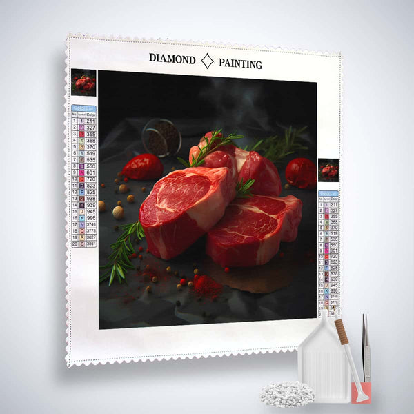 Diamond Painting Kit with a steak motif, featuring a canvas, acrylic diamonds, tweezers, and pen for creating sparkling art.