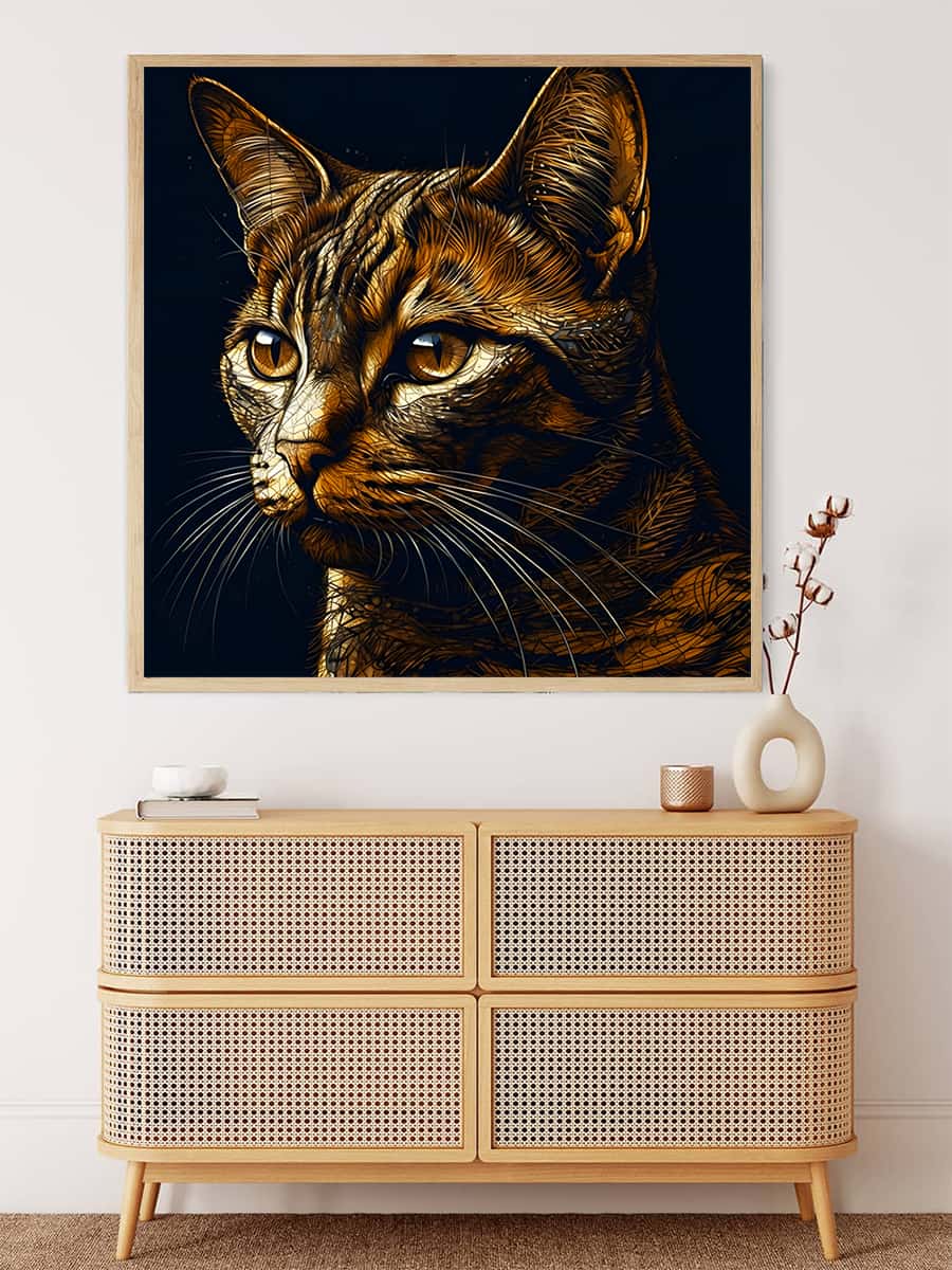 Painting by Numbers - Beautiful Cat hanging on a wall above a wooden cabinet with modern decor.