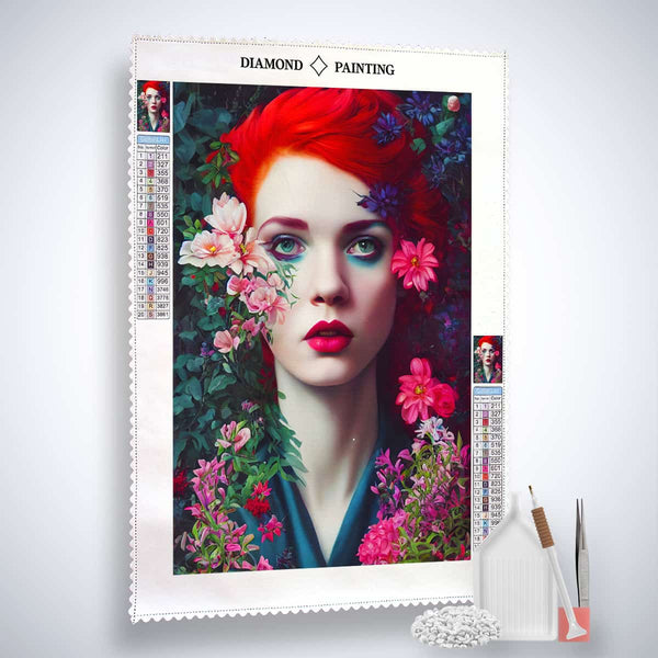 Diamond Painting Kit of a woman with red hair surrounded by colorful flowers, including canvas, acrylic diamonds, tweezers, and pens.