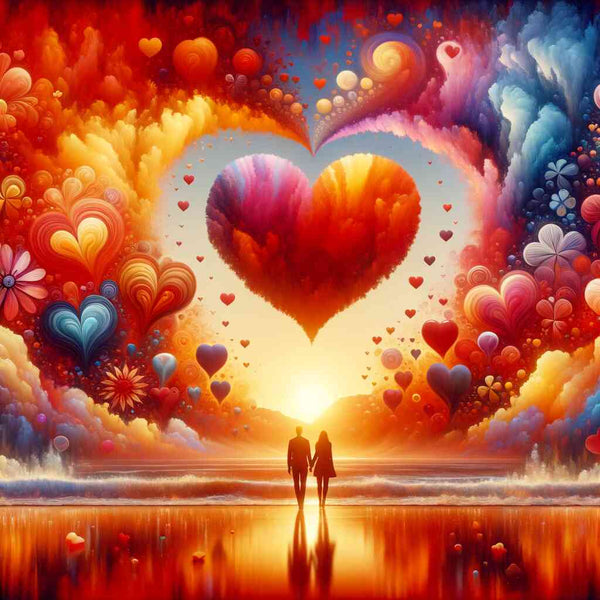 Couple walking on a beach at sunset surrounded by colorful heart-shaped clouds and floral patterns, symbolizing love and tranquility