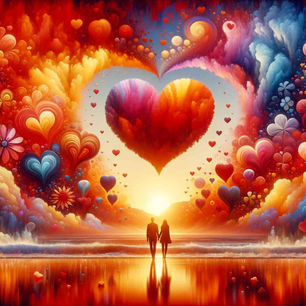 Couple walking on a beach at sunset surrounded by colorful heart-shaped clouds and floral patterns, symbolizing love and tranquility