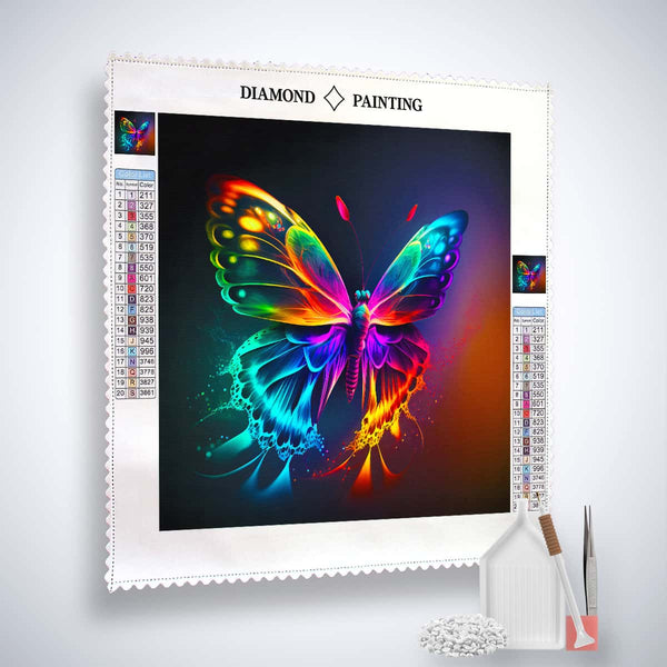 AB Diamond Painting - Zauberschmetterling, complete kit with canvas, acrylic diamonds, fine artist tweezers, and professional applicator.