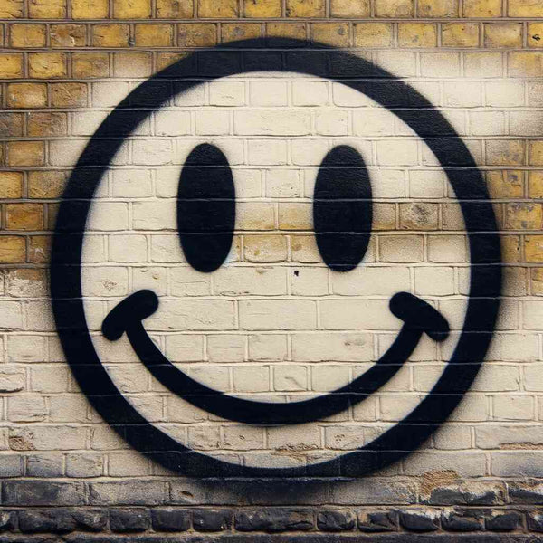 Graffiti smiley face on a brick wall representing urban art and creativity.