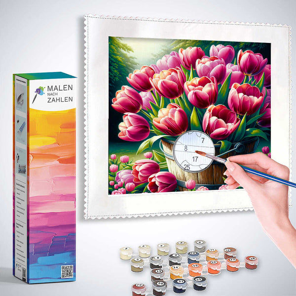 Malen nach Zahlen - Rosa Tulpenstrauß im Eimer