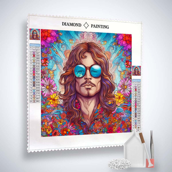 Diamond Painting Kit Hippie Mann with floral background, colorful acrylic diamonds, setzstift, and artist tools included