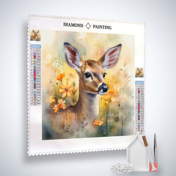 Diamond Painting Kit - Zauberhaftes Reh with colorful acrylic diamonds and professional tools for creating a sparkling art piece