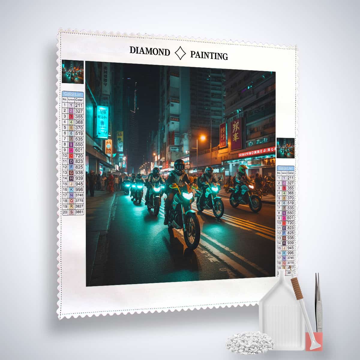 Diamond Painting Set "Straßenkönig" - Nachtszene mit Motorrädern in der Stadt, inklusive Leinwand, Acryl Diamonds, Pinzette und Setzstift.