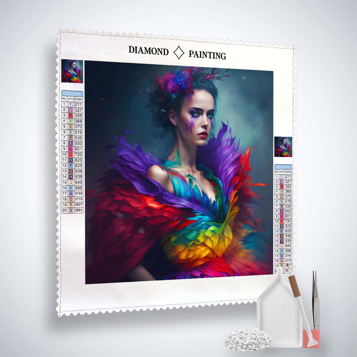 AB Diamond Painting Kit – Frau mit Regenbogenkleid, Abendmotiv, Acryl Diamonds, Künstler-Pinzette, Profi-Leinwand.