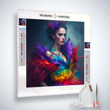 AB Diamond Painting Kit – Frau mit Regenbogenkleid, Abendmotiv, Acryl Diamonds, Künstler-Pinzette, Profi-Leinwand.