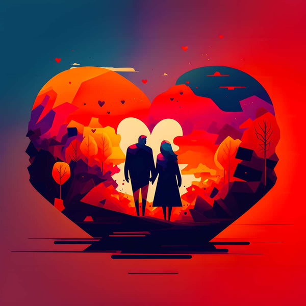 AB Diamond Painting - Rote Liebe, Romantic Couple Silhouette in Heart-Shaped Landscape with Vibrant Sunset Colors