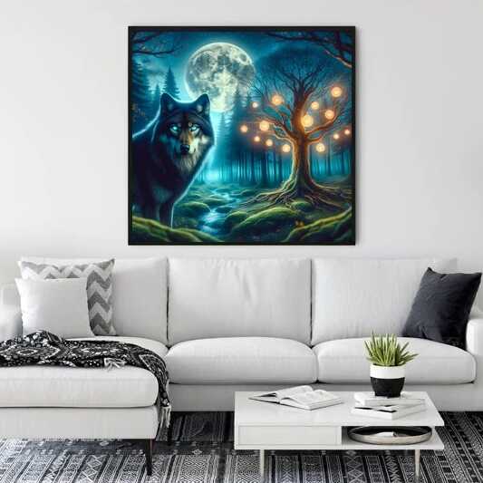 Malen nach Zahlen – Mondscheinsinfonie Leinwandbild mit Wolf, Mond und magischem Baum im Wohnzimmer über einer weißen Couch.