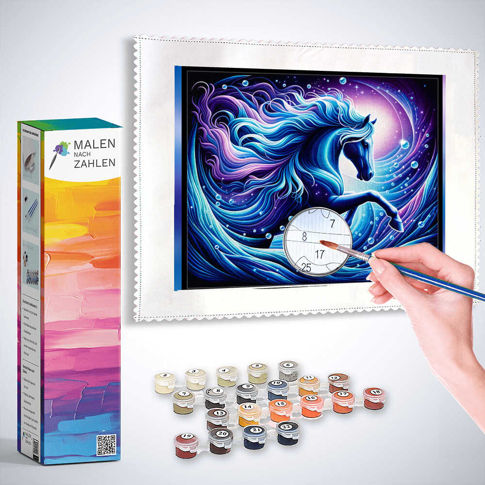 Diamond Painting - Wasserpferd in lebhaften Blau- und Purpurtönen, handgefertigt mit Farbdosen, Mystik des Aqua-Äquus Kunstwerk in moderner Stil