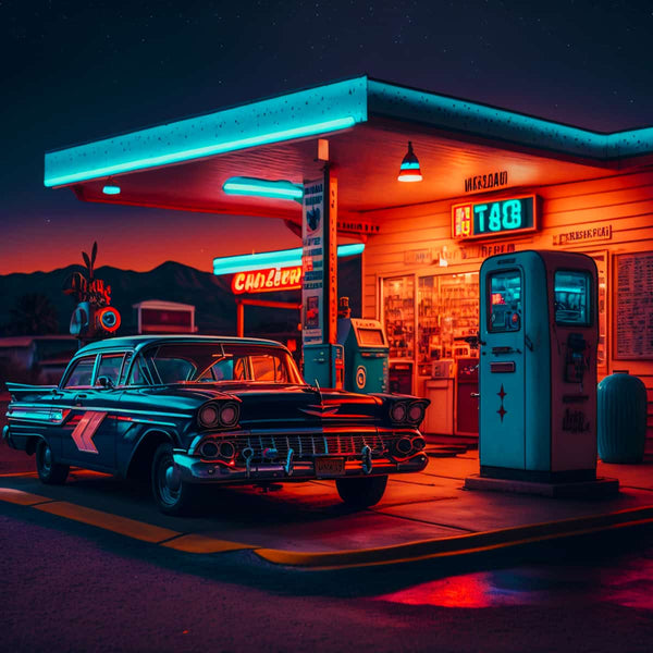 1950s retro gas station with classic car at night, neon lights, and mountains in the background, highlighting vintage tankstellenromantik.