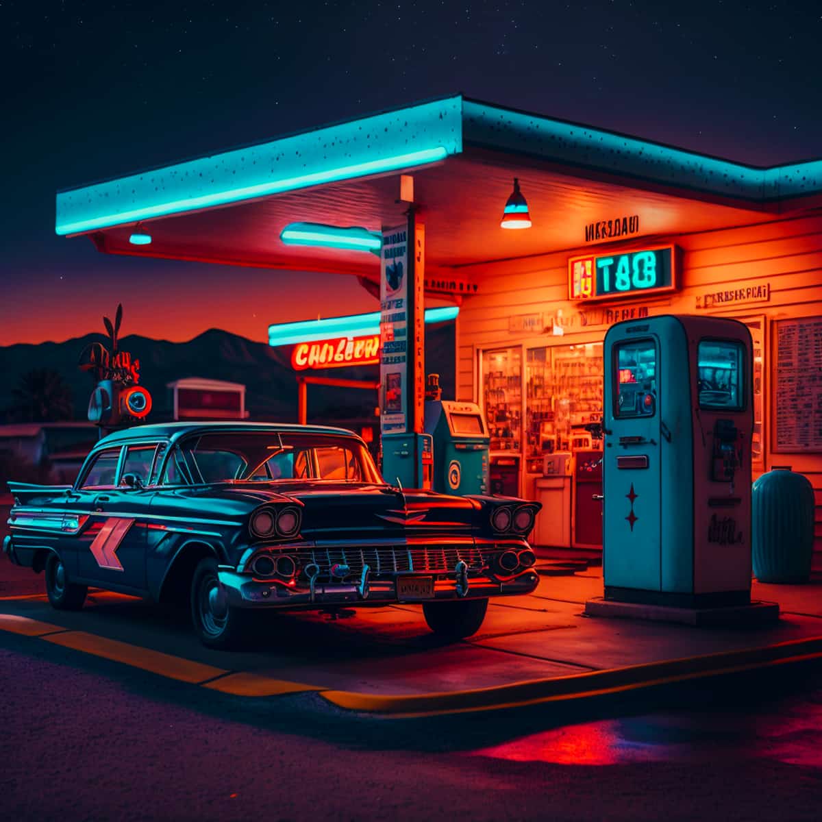 Vintage 1950s gas station lit up at night with a classic car parked, showcasing retro charm and nostalgic Diamond Painting motif.