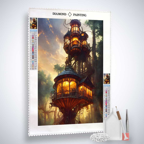 Diamond Painting Kits – Waldturm art with glowing treehouse, complete set including canvas, acrylic diamonds, tweezers, and set pencil