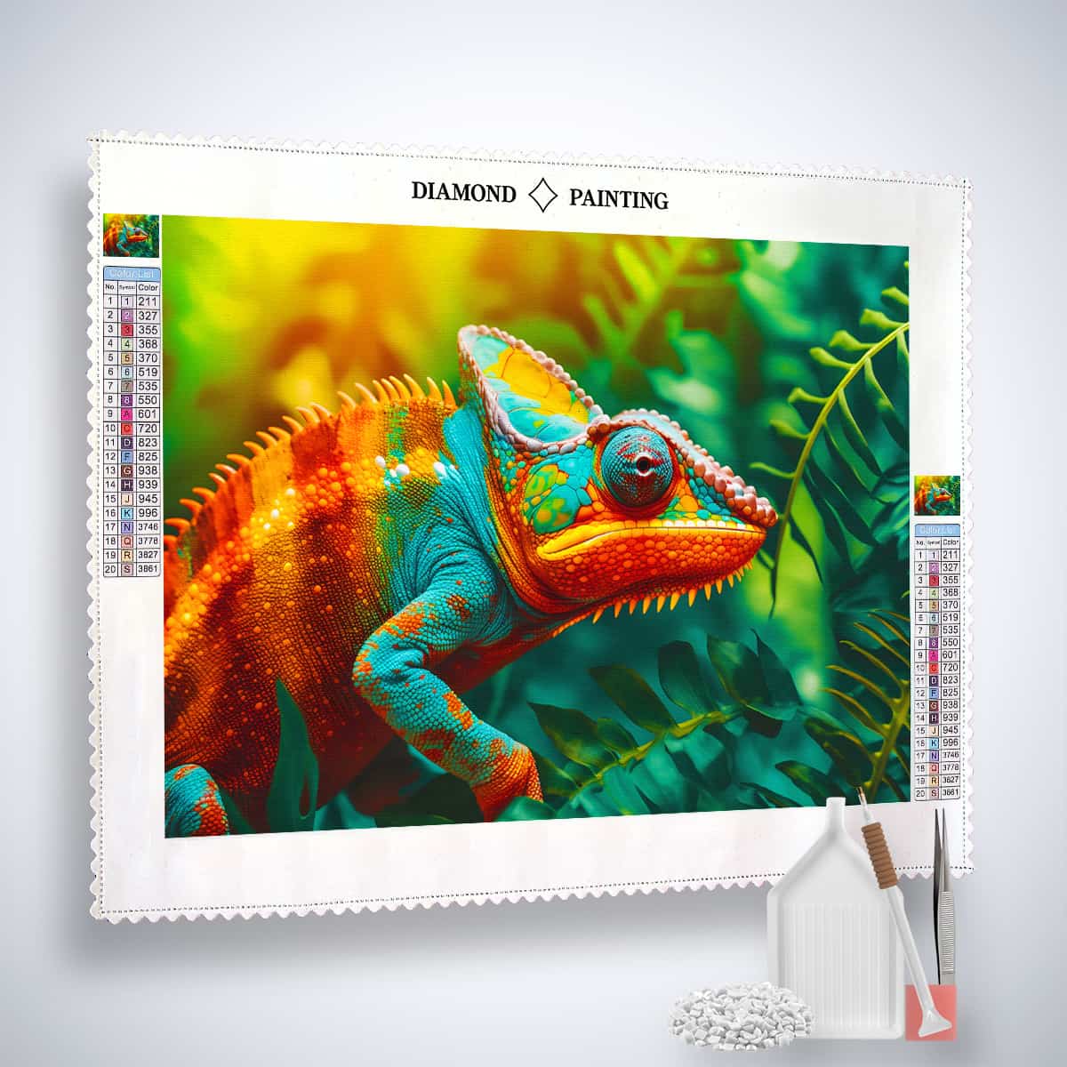 Diamond Painting Kit featuring a vibrant chameleon in a lush rainforest with included tools and sparkling acrylic diamonds.