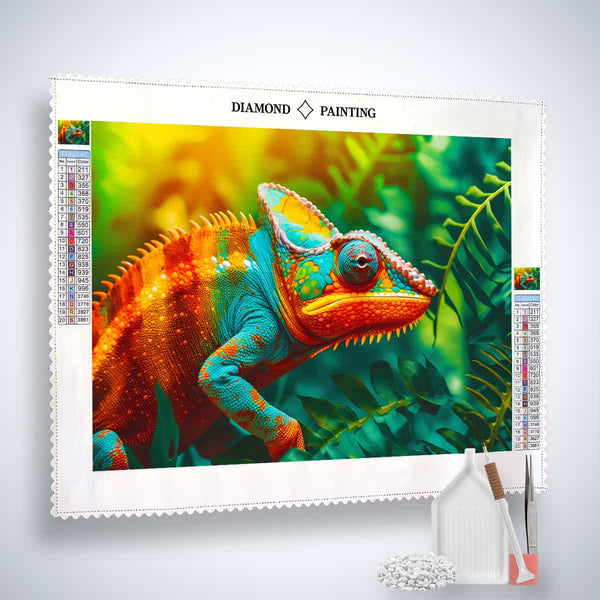 Diamond Painting Kit featuring a vibrant chameleon in a lush rainforest with included tools and sparkling acrylic diamonds.