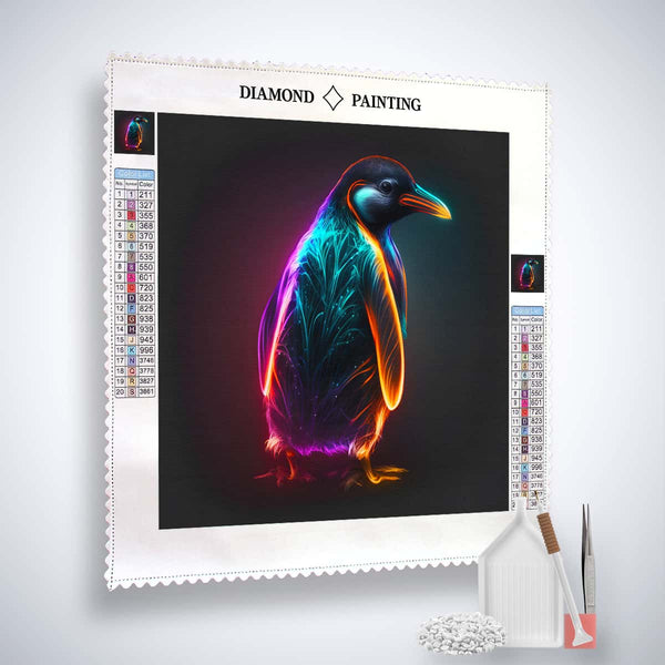 AB Diamond Painting - Neon Pinguin with complete diamond painting kit including canvas, acrylic diamonds, tweezer, and setting tools