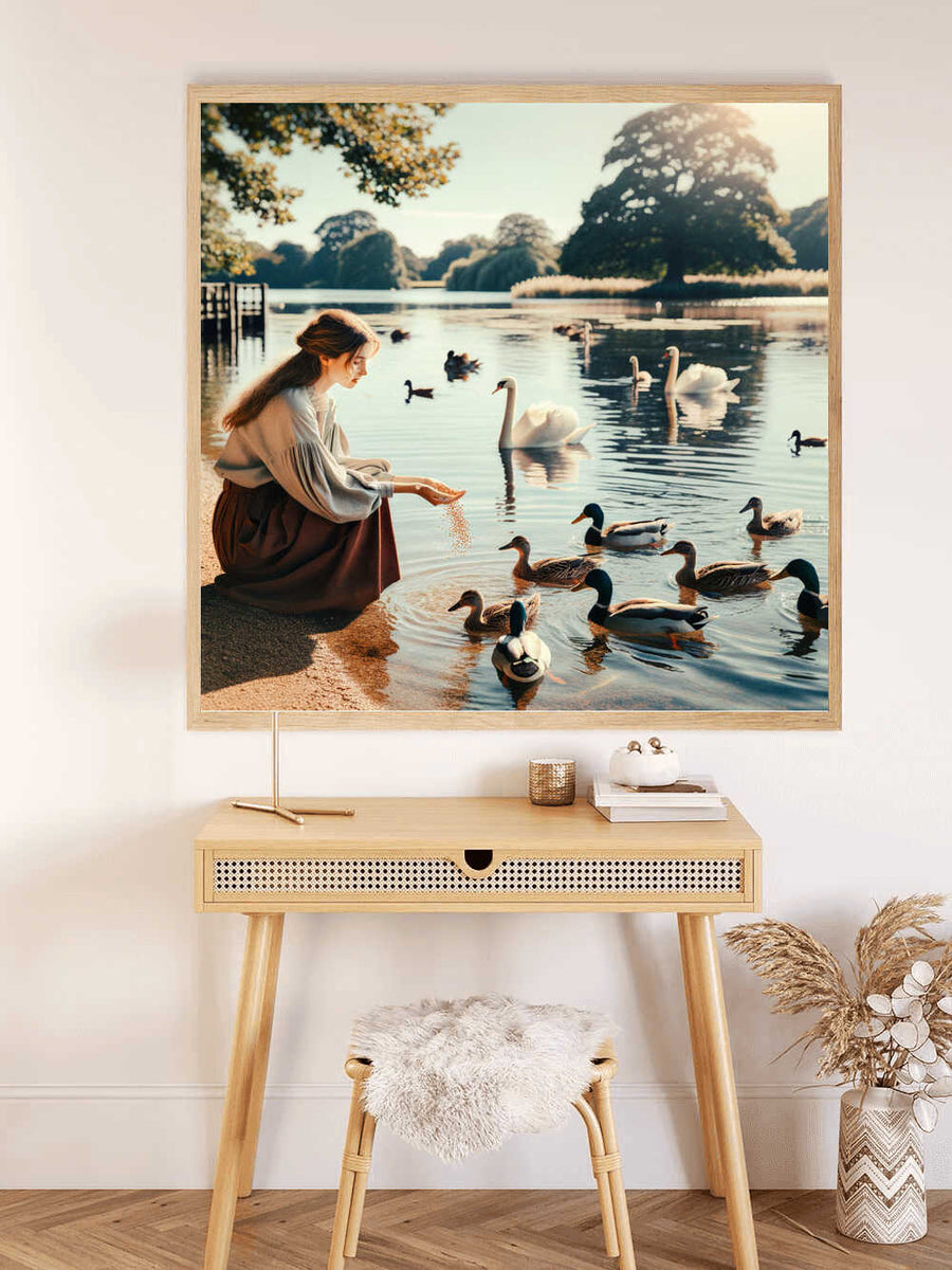 Painting of a woman feeding ducks and swans by a peaceful lakeshore, part of the "Malen nach Zahlen - Stille am Seeufer" collection.