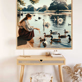 Painting of a woman feeding ducks and swans by a peaceful lakeshore, part of the 