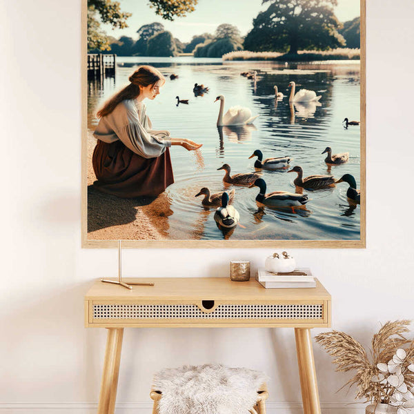 Painting of a woman feeding ducks and swans by a peaceful lakeshore, part of the "Malen nach Zahlen - Stille am Seeufer" collection.