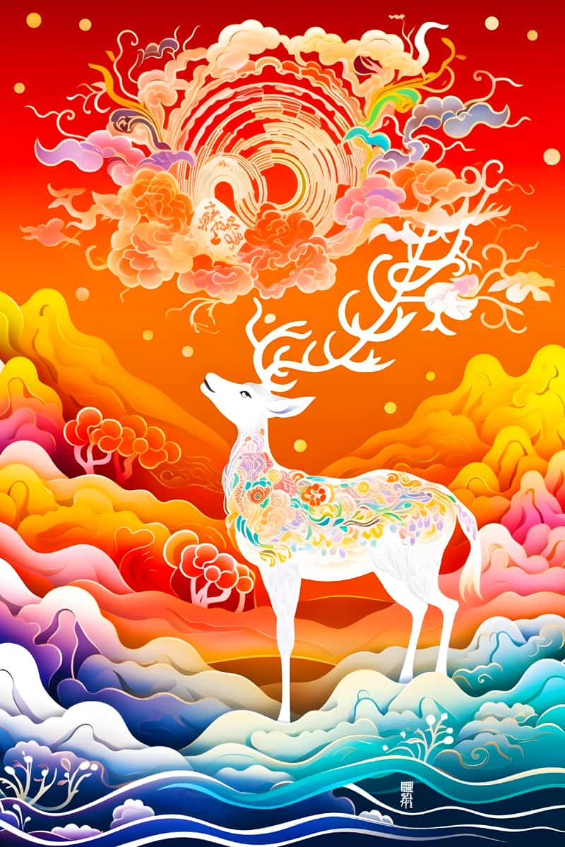 Vibrant diamond painting of a white deer with colorful floral patterns, standing amidst abstract waves and mountains under an artistic sky.