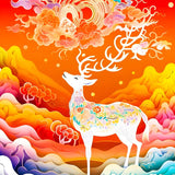 Vibrant diamond painting of a white deer with colorful floral patterns, standing amidst abstract waves and mountains under an artistic sky.