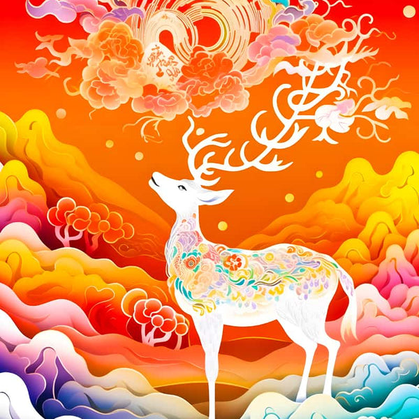 Vibrant diamond painting of a white deer with colorful floral patterns, standing amidst abstract waves and mountains under an artistic sky.