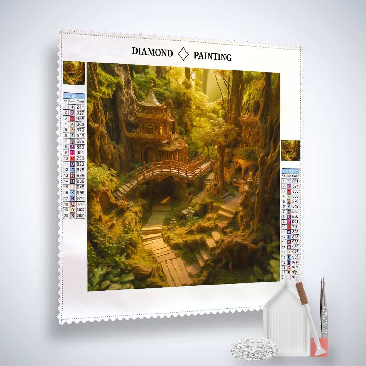 Diamond Painting Kit - Fantasywald-Stadt forest city scene with tools and canvas accessories.