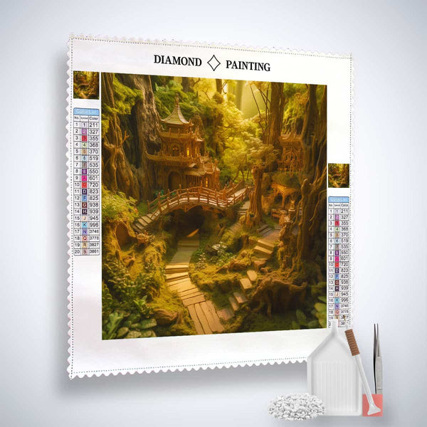 Diamond Painting Kit - Fantasywald-Stadt forest city scene with tools and canvas accessories.